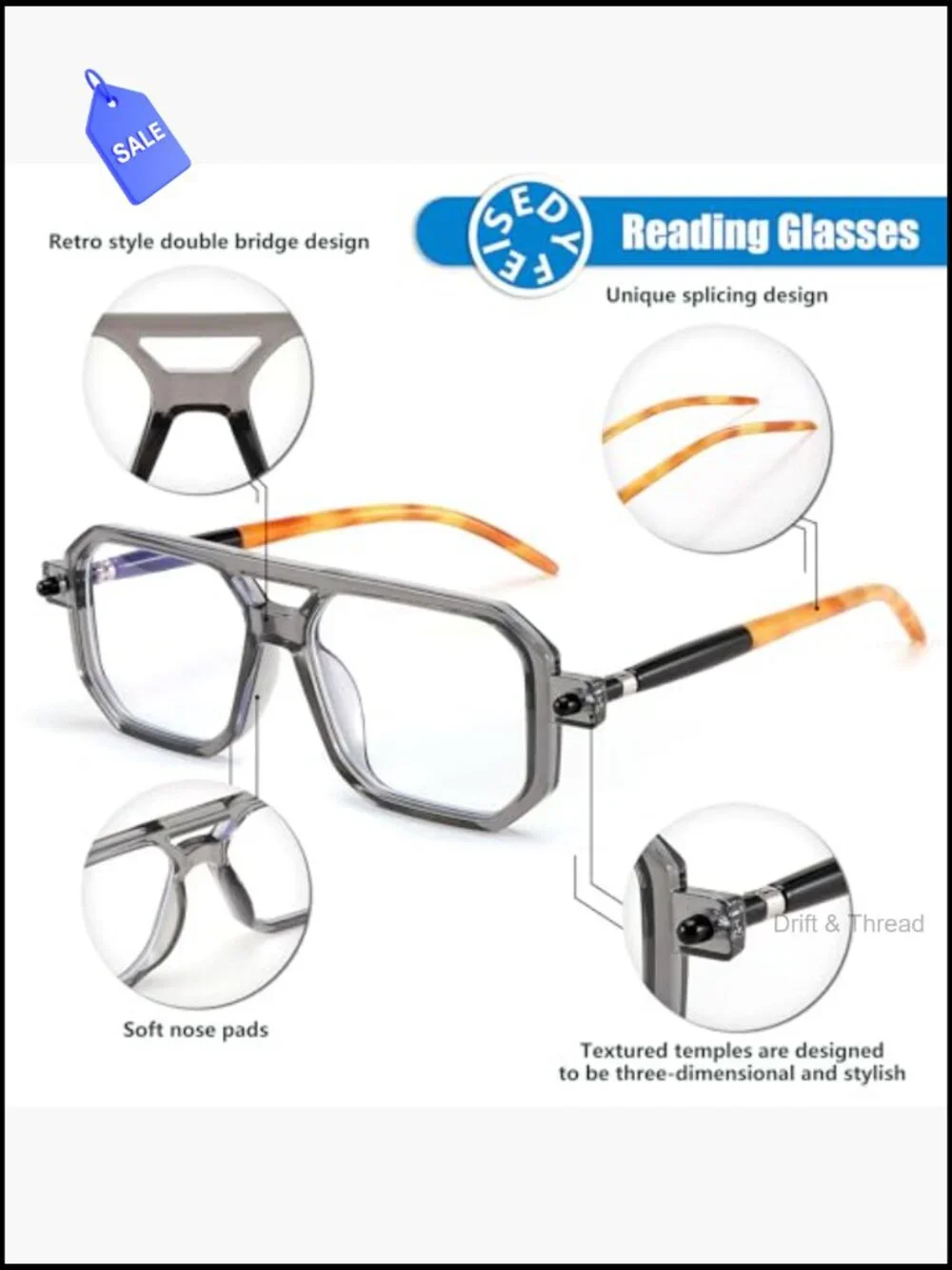 Vintage Square Blue Light Blocking Reading Glasses Metal Frame Unisex